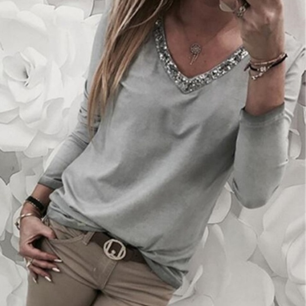 Long Sleeve Sequin V Neck Top